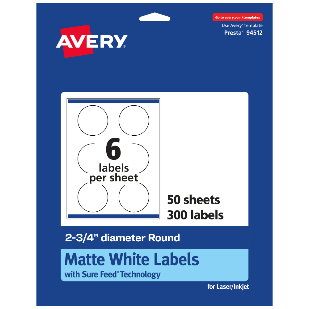 Avery Permanent Labels With Sure Feed, 94512-WMP50, Round, 2-3/4in Diameter, White, Pack Of 300