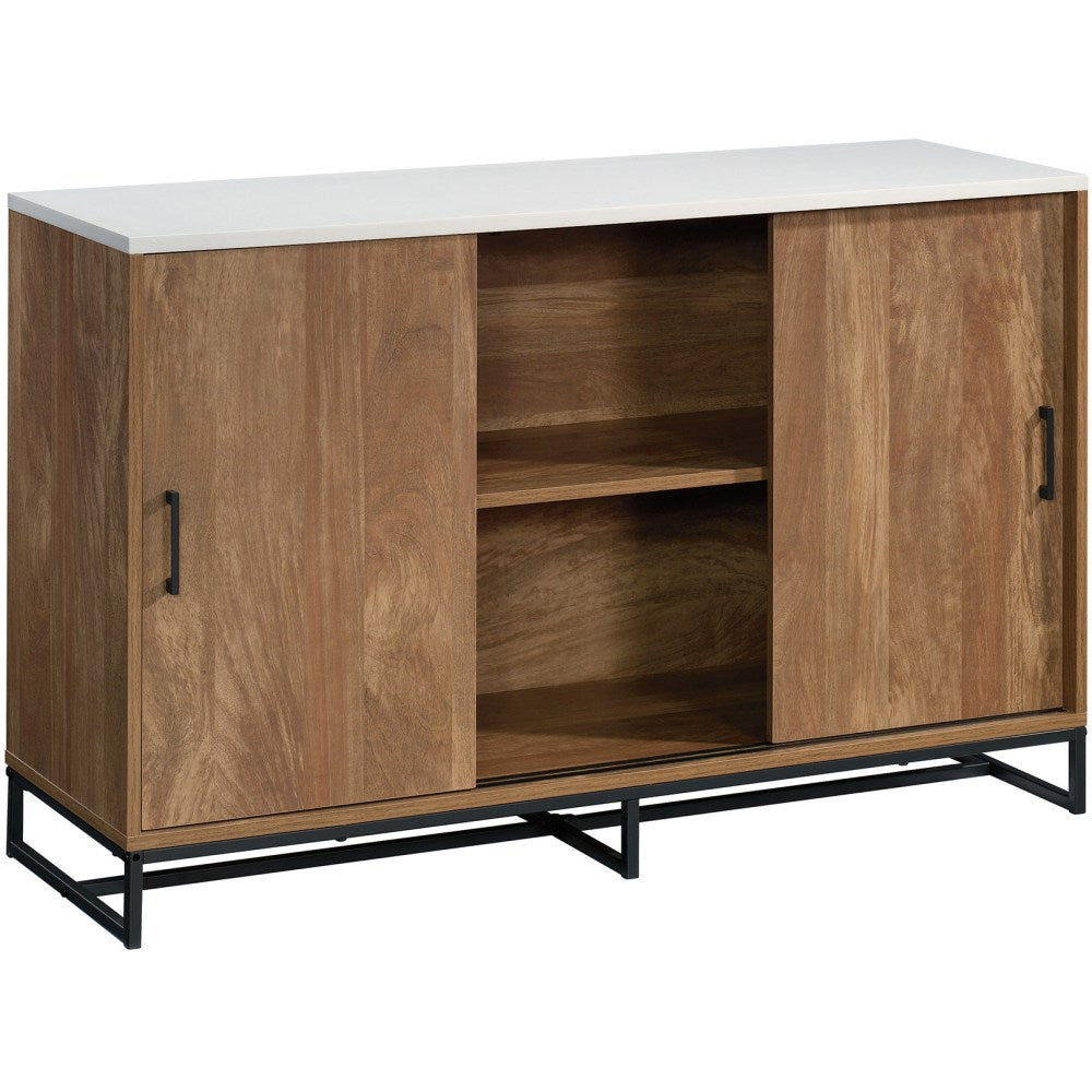 Sauder Tremont Row Modern TV Credenza With Sliding Doors, Sindoori Mango/White