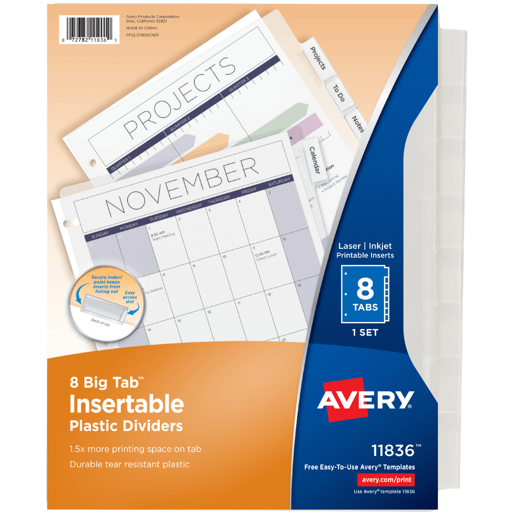 Avery Big Tab Insertable Plastic Dividers, 8-1/2in x 11in, Clear, Pack Of 8 Dividers