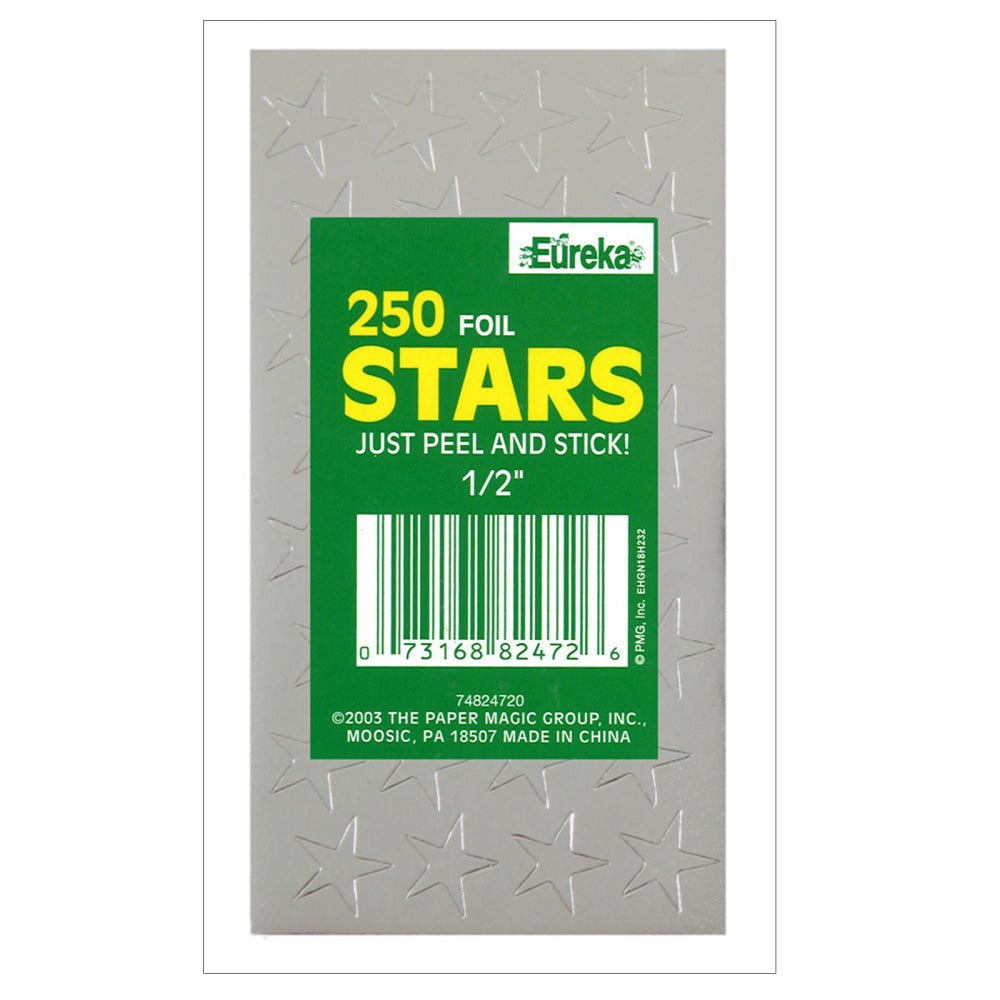 Eureka Presto-Stick Foil Star Stickers, 1/2in, Silver, 250 Stickers Per Pack, Set Of 12 Packs