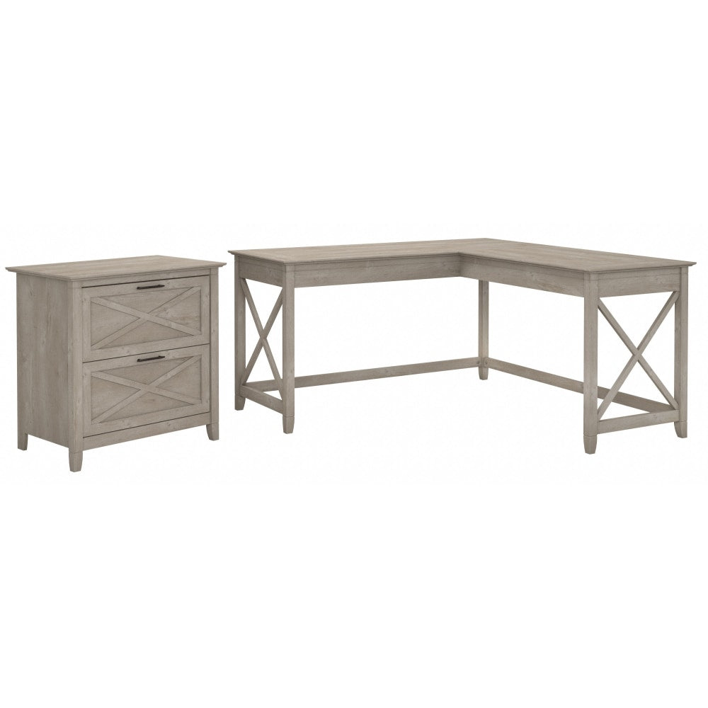 Bush Business Furniture Key West 60inW L-Shaped Corner Desk With Lateral File Cabinet, Washed Gray, Standard Delivery