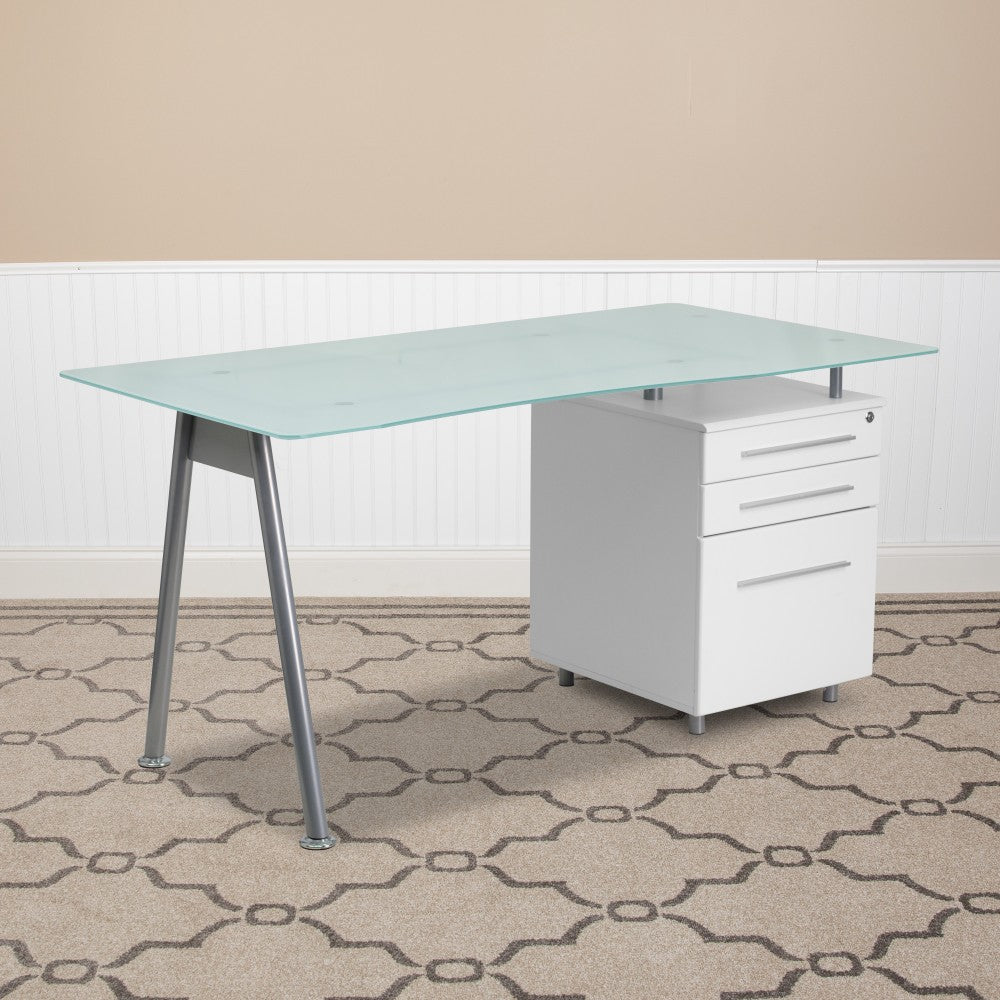 Flash Furniture Contemporary Glass 59inW Computer Desk With 3-Drawer Pedestal, Frost/White