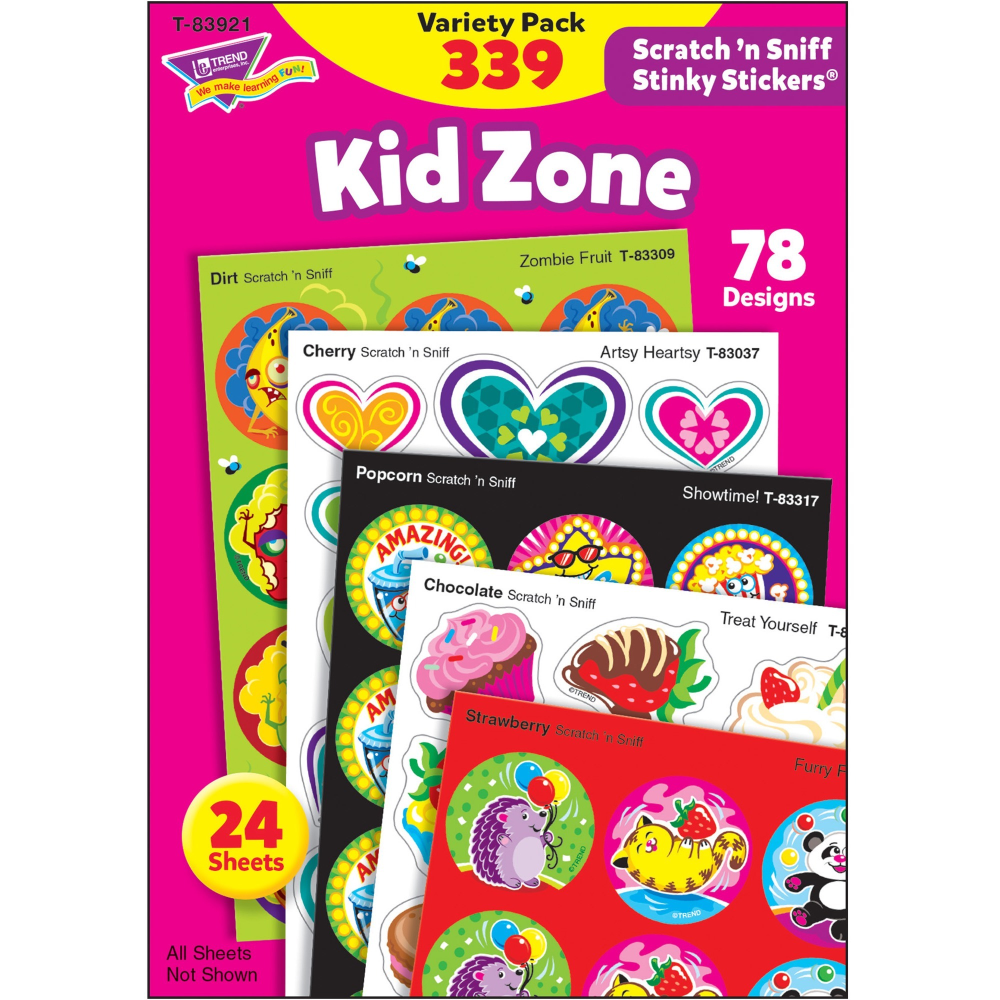 Trend Kid Zone Scratch N Sniff Stinky Stickers - (Furry Fun, Zombie Fruit, Bumper Blast, Artsy Heartsy, Hearty Fun, Party-palooza, Treat Yourself, Showtime!)