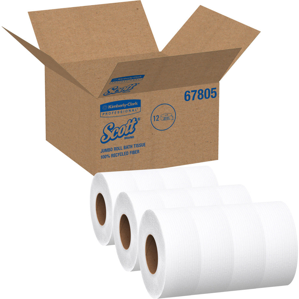 Scott 100% Recycled Fiber High-Capacity Jumbo Roll Toilet Paper - 2 Ply - 3.55in x 1000 ft - White - Fiber - 12 / Carton