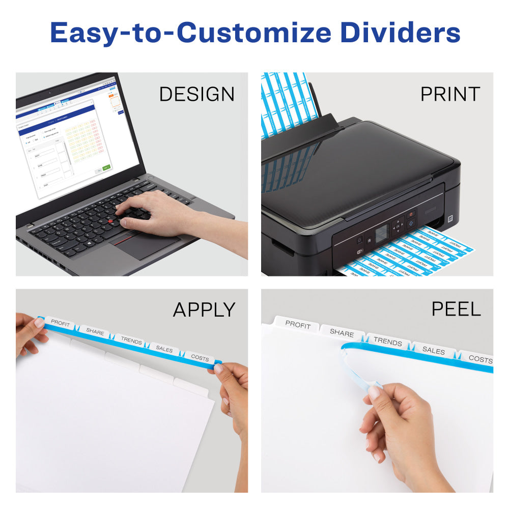 Avery Unpunched Customizable Dividers For Use With Any Binding System With Index Maker Easy Print & Apply Clear Label Strip, 5 Tab, White, Pack Of 25 Sets