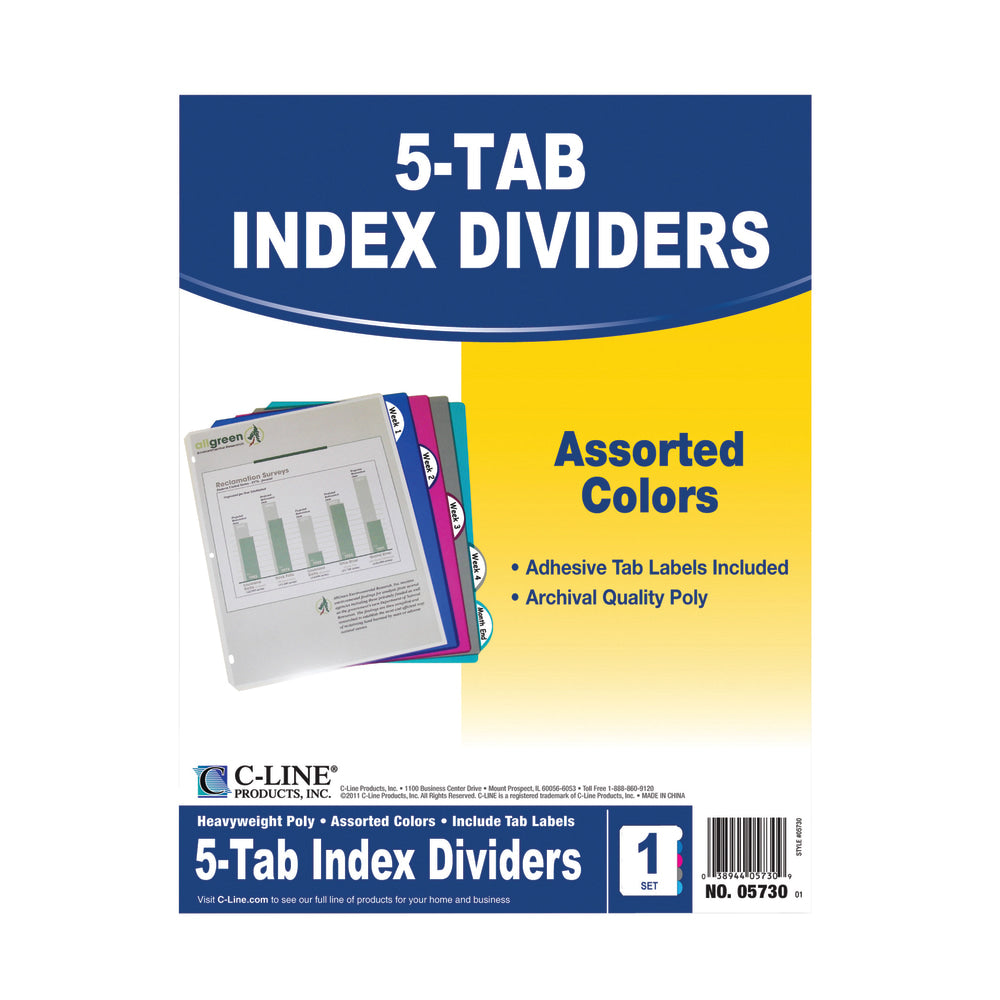 C-Line 5-Tab Poly Index Dividers, 8 1/2in x 11in, Assorted Colors, 5 Dividers Per Pack, Set Of 12 Packs