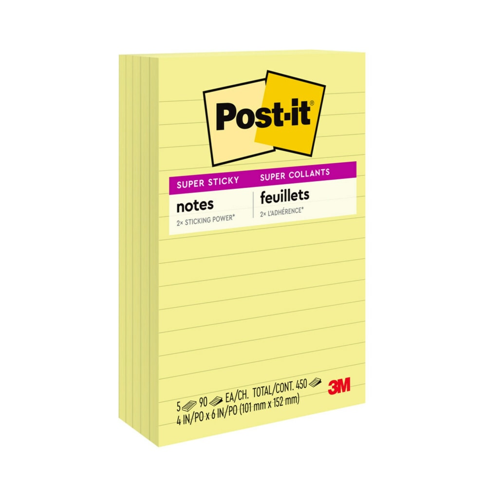 Post-it Super Sticky Notes, 4 in x 6 in, 5 Pads, 90 Sheets/Pad, 2x the Sticking Power, Canary Yellow, Lined