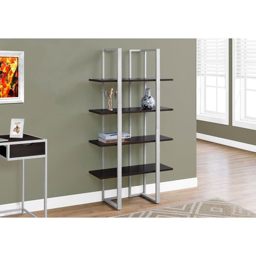 Monarch Specialties 60inH 4-Shelf Metal Bookcase, Cappuccino/Silver