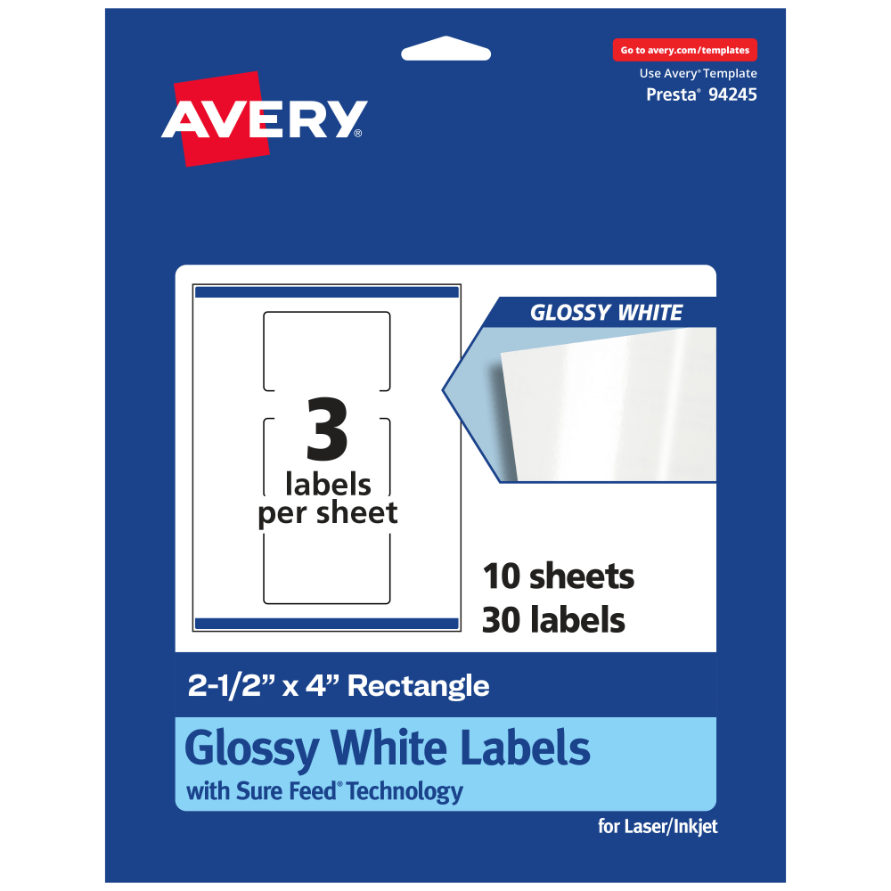 Avery Glossy Permanent Labels With Sure Feed, 94245-WGP10, Rectangle, 2-1/2in x 4in, White, Pack Of 30