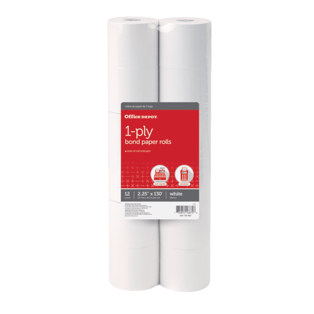 Office Depot Brand 1-Ply Bond Paper Rolls, 2-1/4in x 130ft, White, Pack Of 12