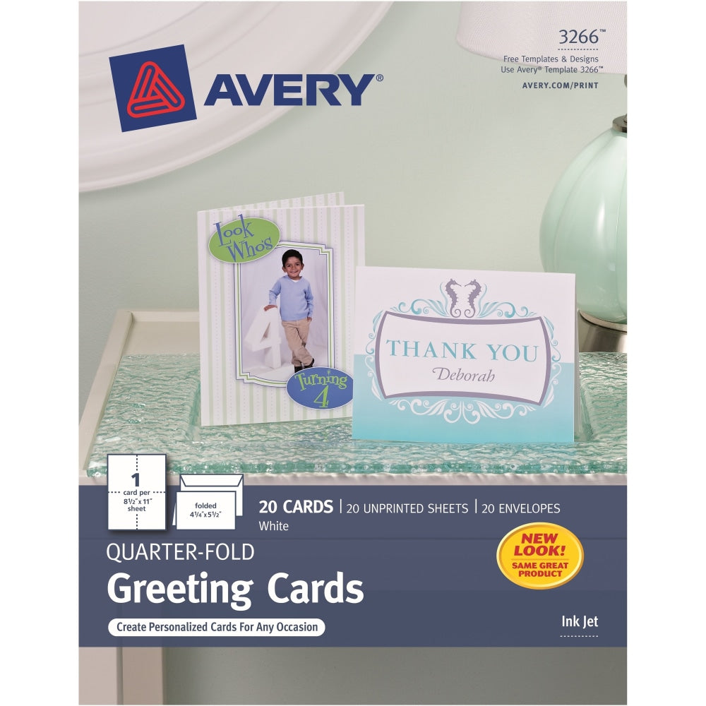 Avery Quarter-Fold Greeting Card Stock With Envelopes, Matte White, 4.25in x 5.5in, 80 Lb, Pack Of 20