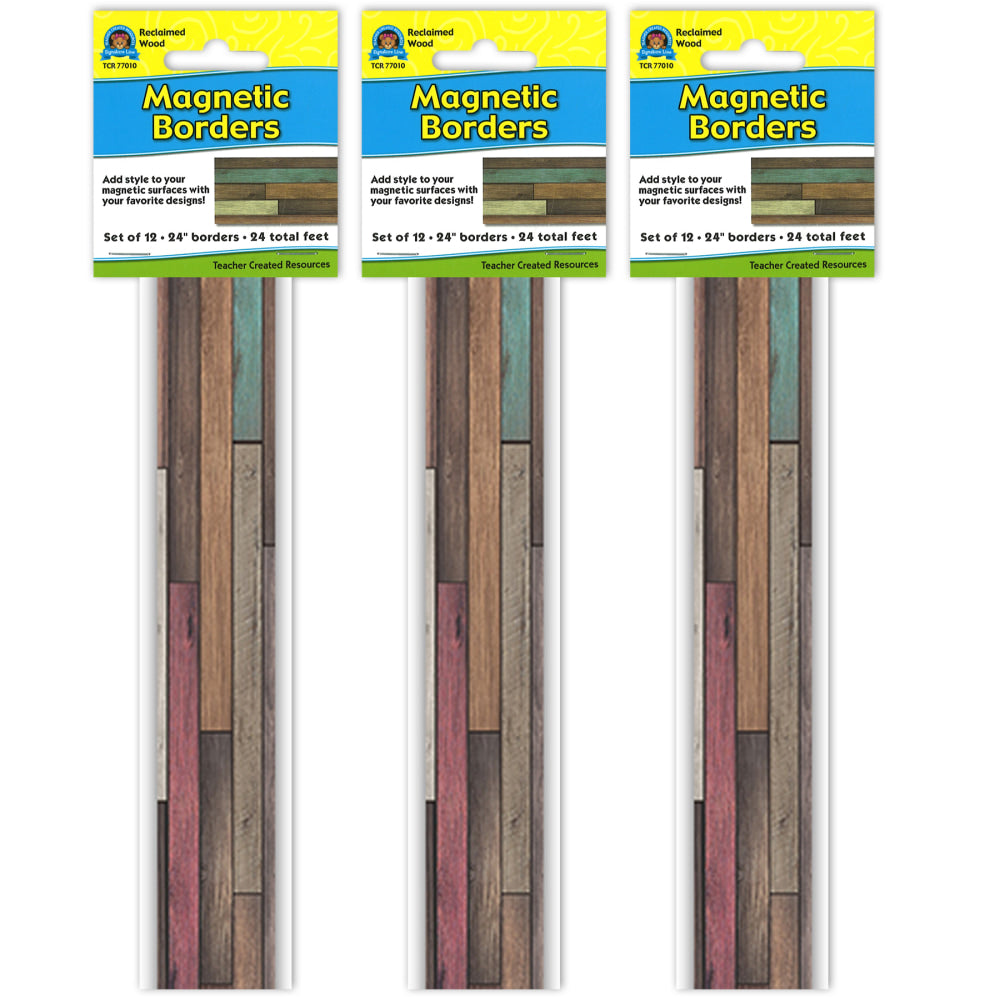 Teacher Created Resources Magnetic Borders, 24in x 1-1/2in, Reclaimed Wood, 12 Boarders Per Pack, Set Of 3 Packs