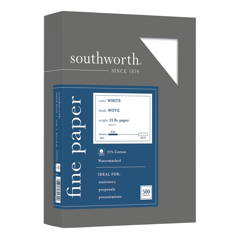 Southworth 25% Cotton Business Paper, 8 1/2in x 11in, 24 Lb, White, Box Of 500