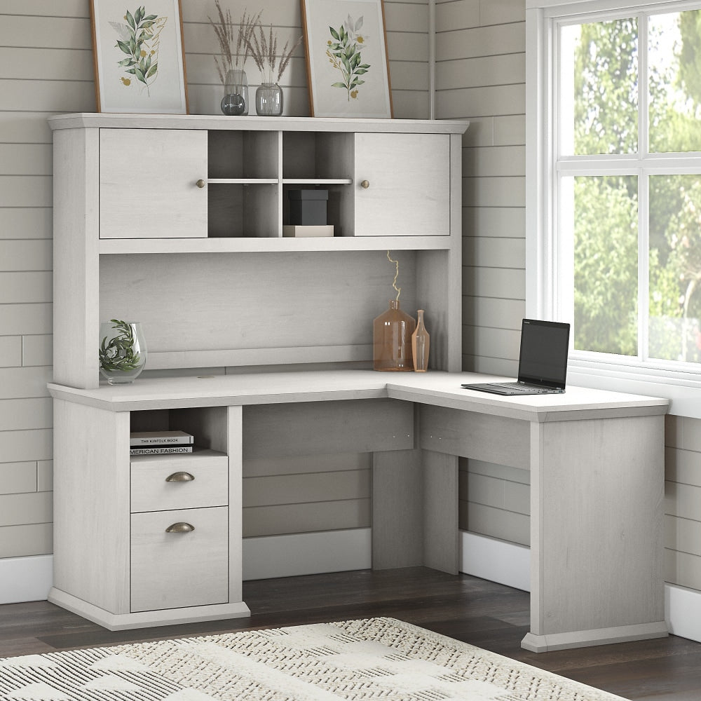 Bush Business Furniture Yorktown 60inW L-Shaped Corner Desk With Hutch, Linen White Oak, Standard Delivery