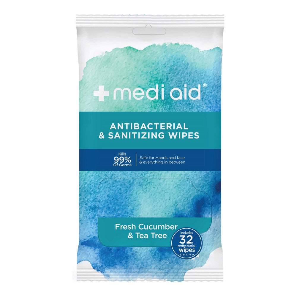 Mediaid Sanitizing Wipes, Fresh Cucumber & Tea Tree Scent, Pack Of 32 Wipes