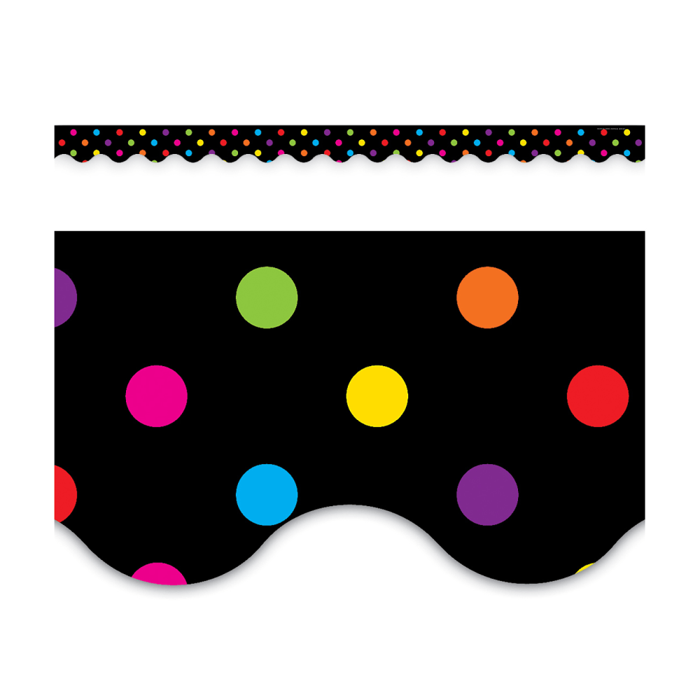 Teacher Created Resources Scalloped Border Trim, 2-3/16ft" x 35ft", Multicolor Dots/Black, 12 Boarders Per Pack, Set Of 6 Packs