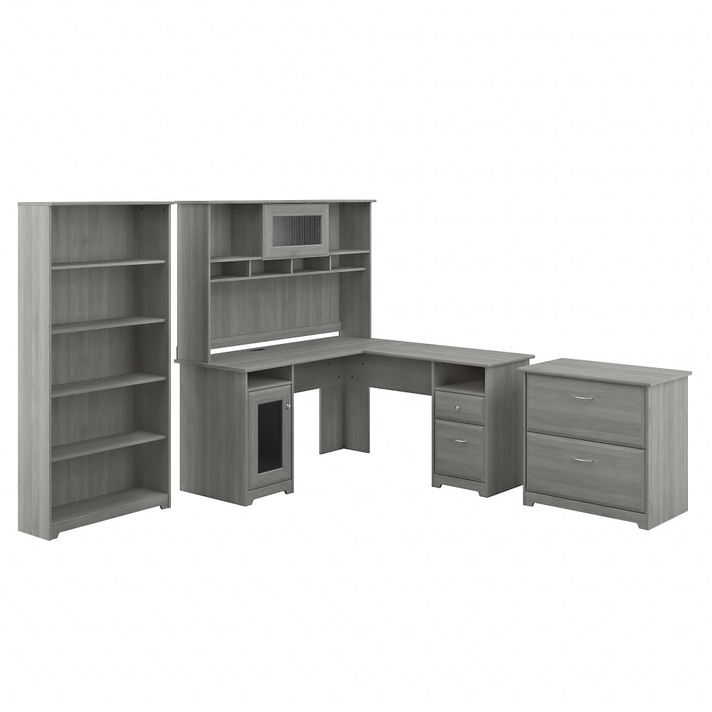 Bush Business Furniture Cabot 60inW L-Shaped Corner Desk With Hutch, Lateral File Cabinet And 5-Shelf Bookcase, Modern Gray, Standard Delivery