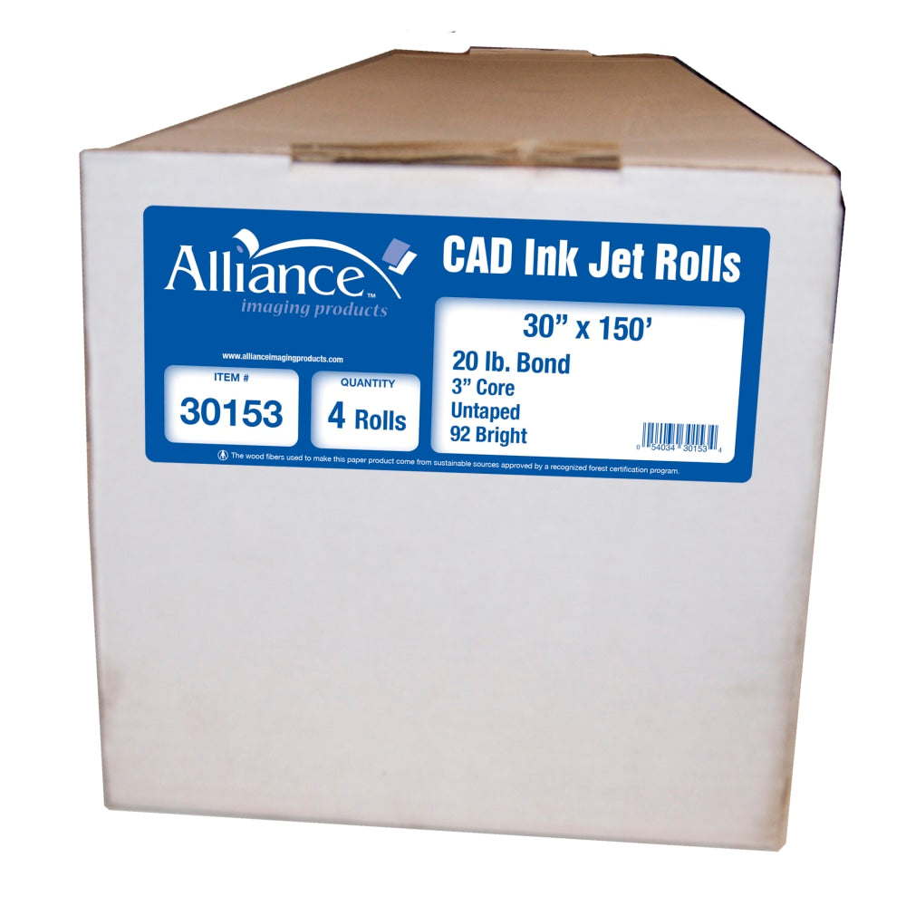 Alliance CAD Bond Paper, 3in Core, 30in x 150ft, 92 Brightness, 20 Lb, White, Pack Of 4 Rolls