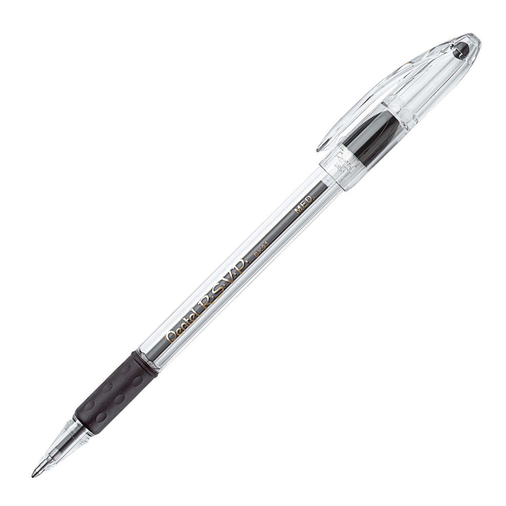 Pentel R.S.V.P. Ballpoint Pens, Medium Point, 1.0 mm, Clear Barrel, Black Ink, Pack Of 12