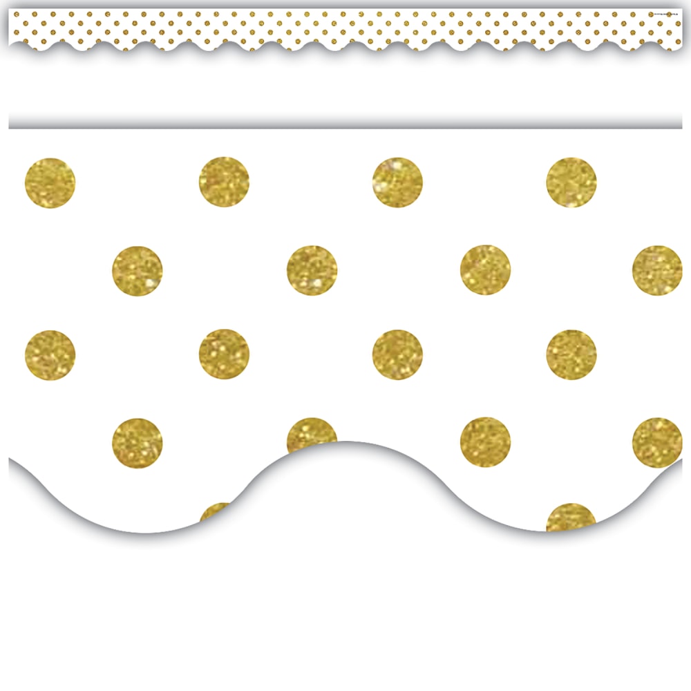 Teacher Created Resources Scalloped Border Trim, White/Gold Dots, 35ft Per Pack, Set Of 6 Packs