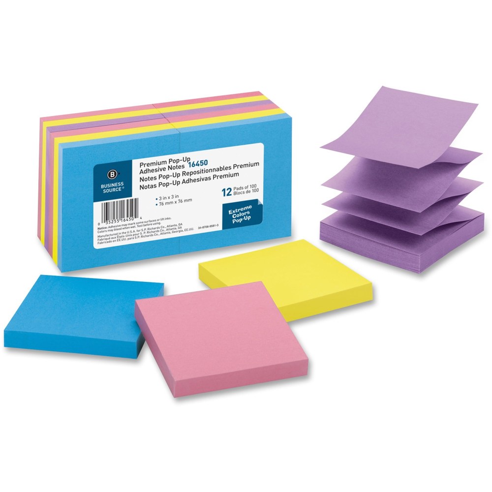 Business Source Reposition Pop-up Adhesive Notes - 3in x 3in - Square - Assorted - Removable, Repositionable, Solvent-free Adhesive - 12 / Pack