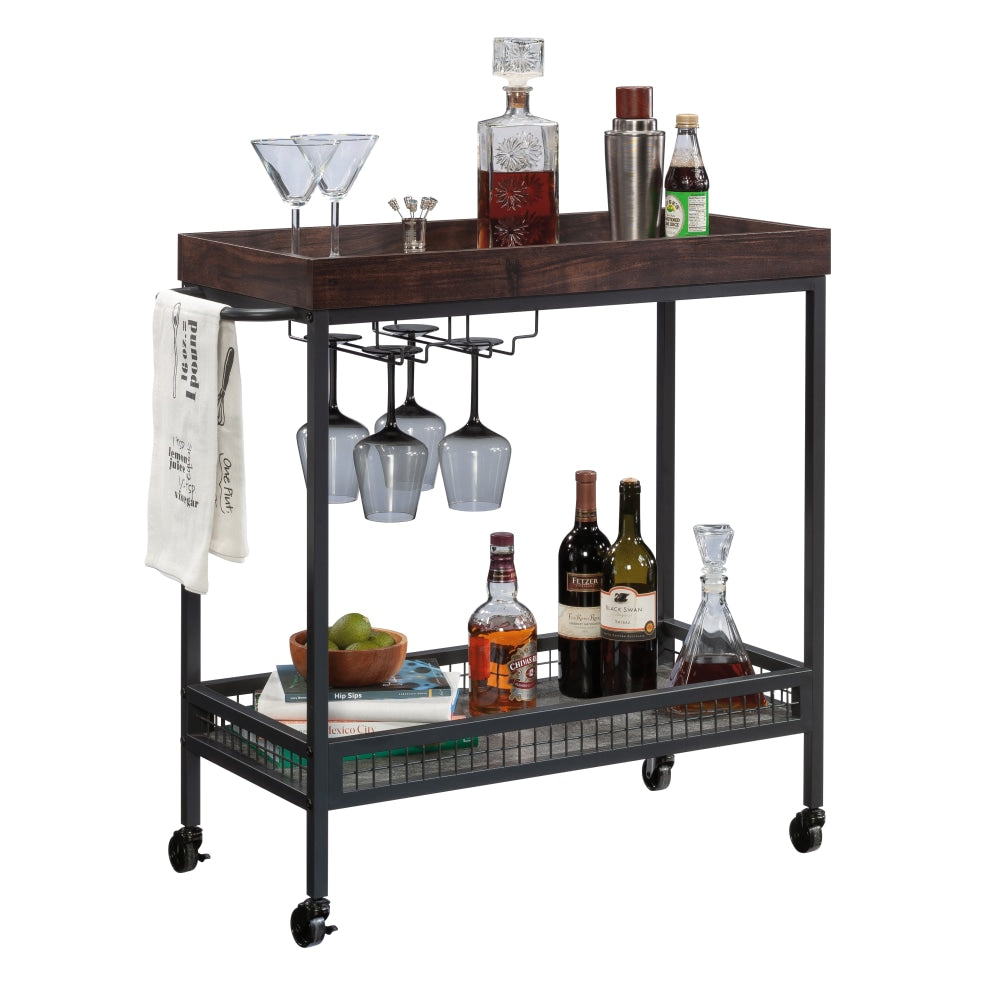 Sauder Market Commons Rolling Bar Cart, 32-3/4inH x 33-1/2inW x 14-7/8inD, Rich Walnut/Slate Gray