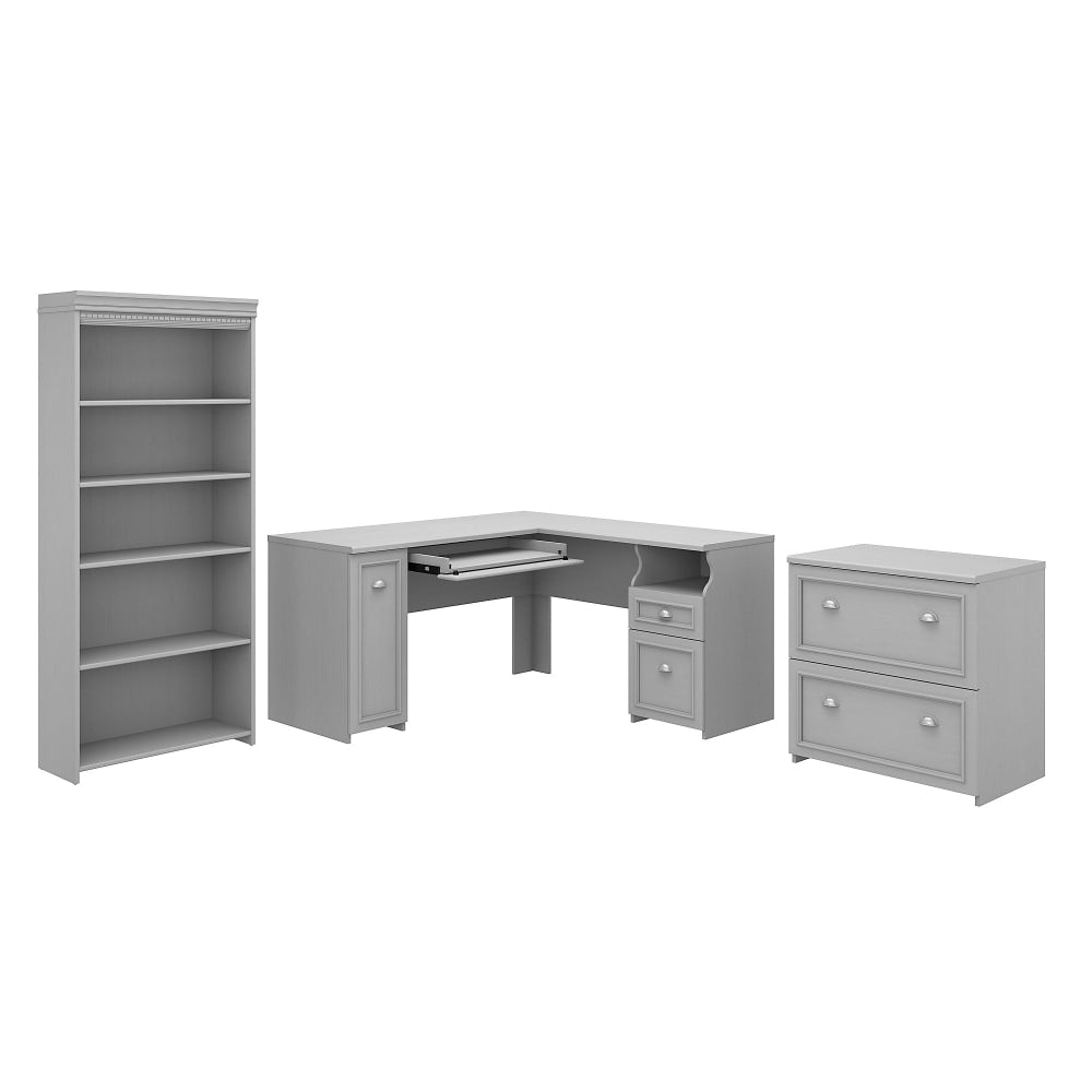 Bush Business Furniture Fairview 60inW L-Shaped Corner Desk With Lateral File Cabinet And 5-Shelf Bookcase, Cape Cod Gray, Standard Delivery