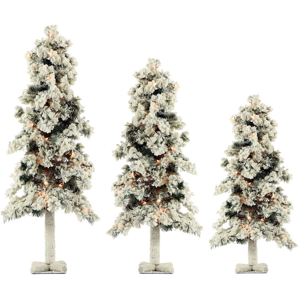 Fraser Hill Farm Snowy Alpine Tree Set With Clear Lights, 2ft, 3ft, and 4ft, Set of 3