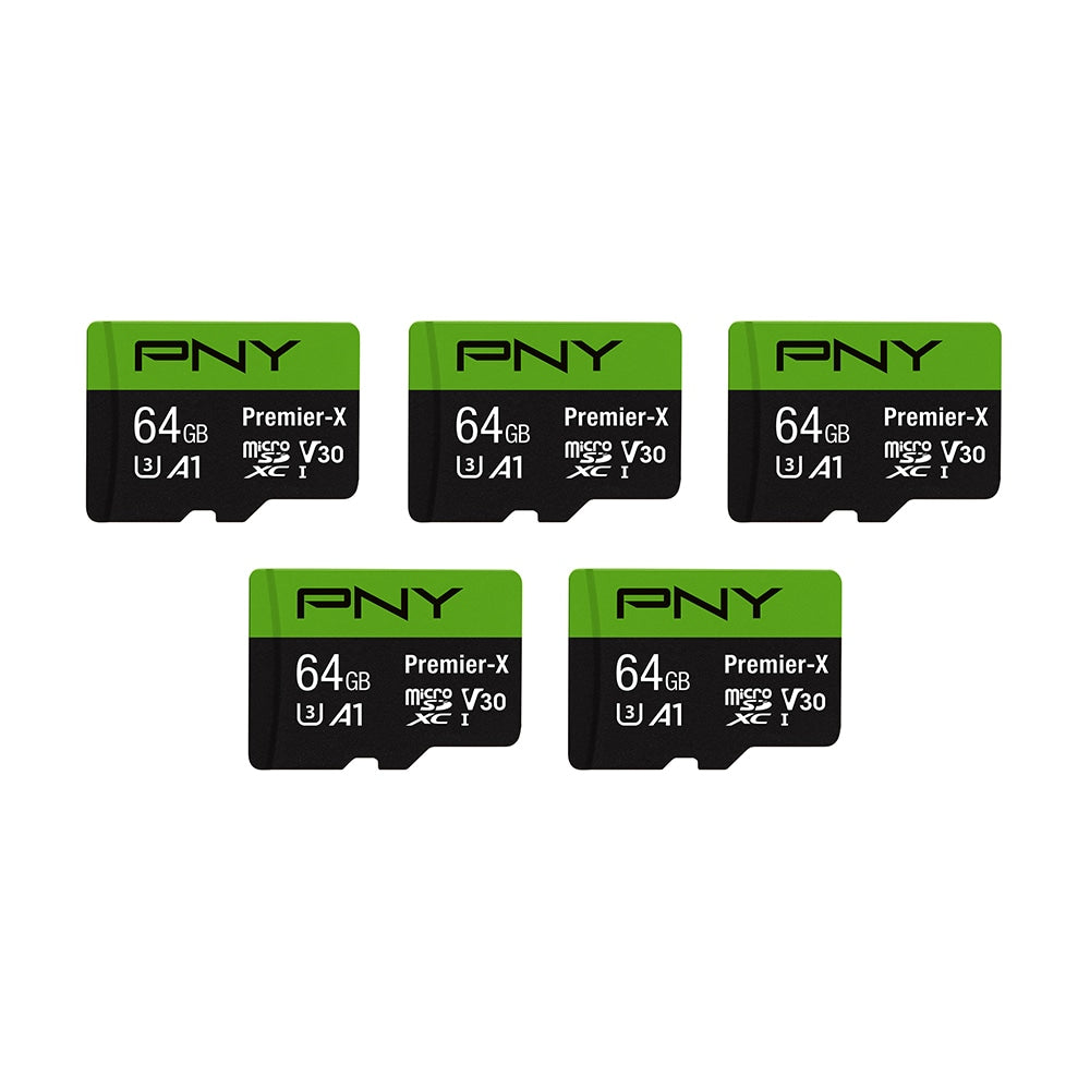 PNY Premier-X Class 10 U3 V30 microSDXC Flash Memory Cards, 64GB, Pack Of 5 Memory Cards