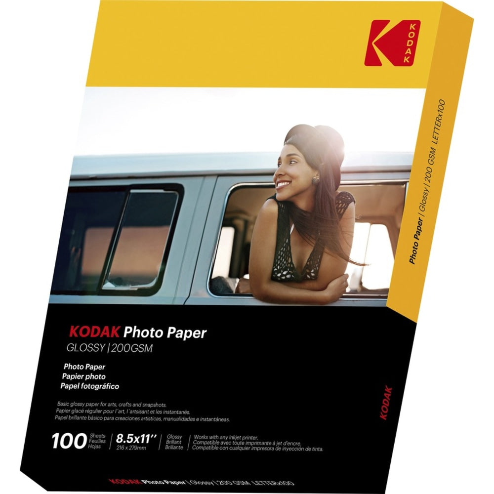 Kodak Glossy Photo Paper - Letter - 8 1/2in x 11in - Glossy - 100 / Pack - Smear Proof, Smudge Proof - White