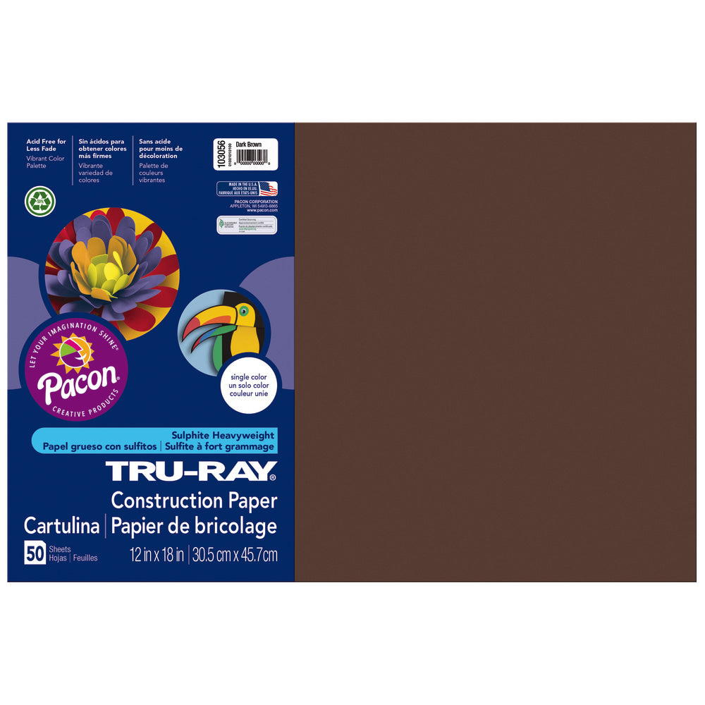 Tru-Ray Construction Paper, 50% Recycled, 12in x 18in, Dark Brown, Pack Of 50