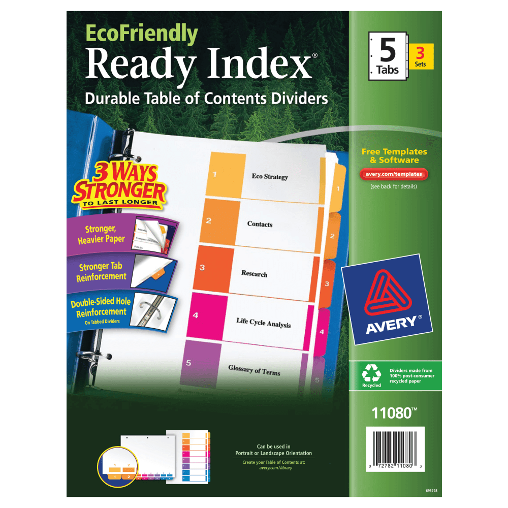 Avery Ready Index Eco-Friendly 100% Recycled Dividers, 1-5 Tabs & Customizable Table Of Contents, Letter Size, White Dividers/Multicolor Tabs, Pack Of 3 Sets