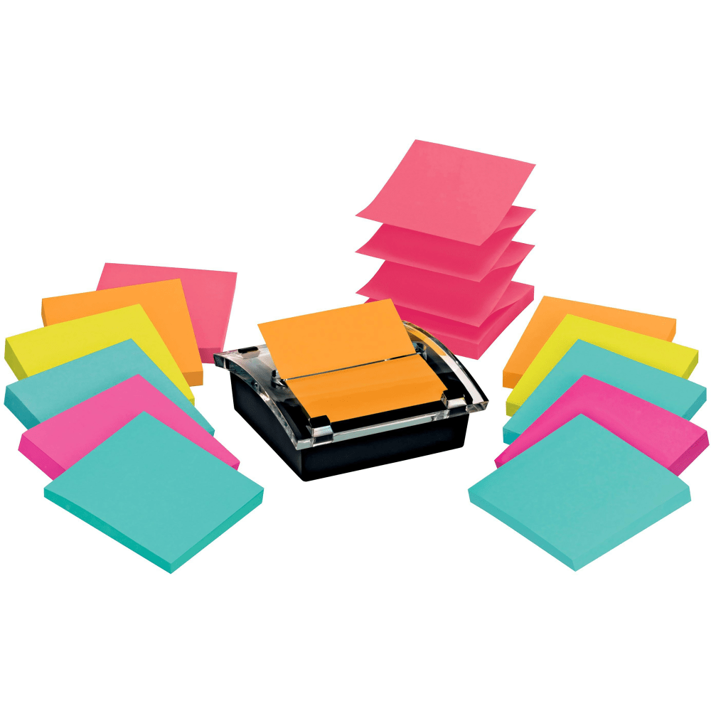 Post-it Super Sticky Pop Up Notes with Black Dispenser, 3 in x 3 in, 12 Pads, 90 Sheets/Pad, 2x the Sticking Power, Assorted Colors