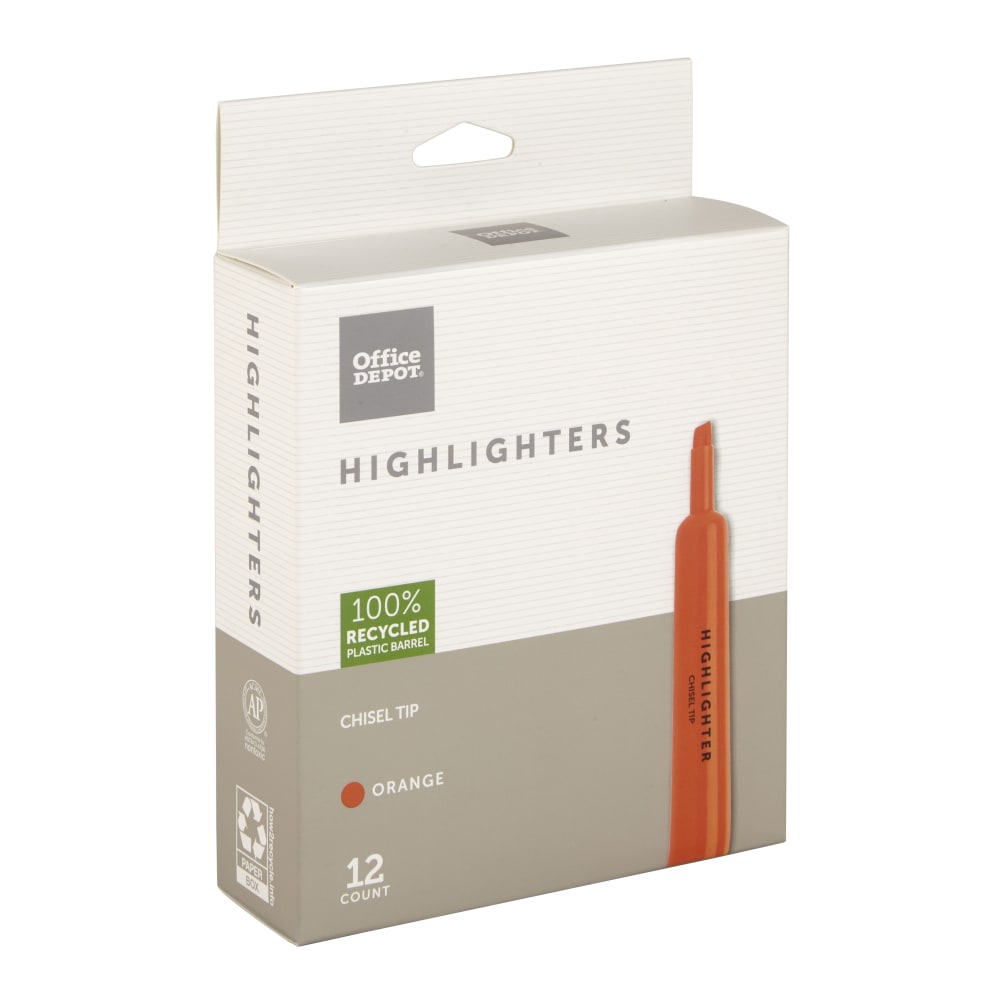 Office Depot Brand Chisel-Tip Highlighter, 100% Recycled Plastic Barrel, Fluorescent Orange, Pack Of 12