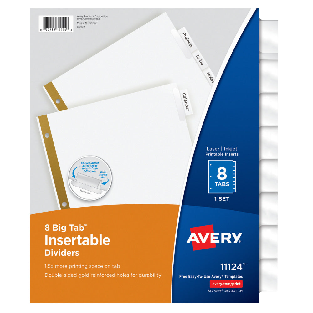 Avery Big Tab Insertable Dividers Gold Reinforced Edge, White/Clear, 8-Tab