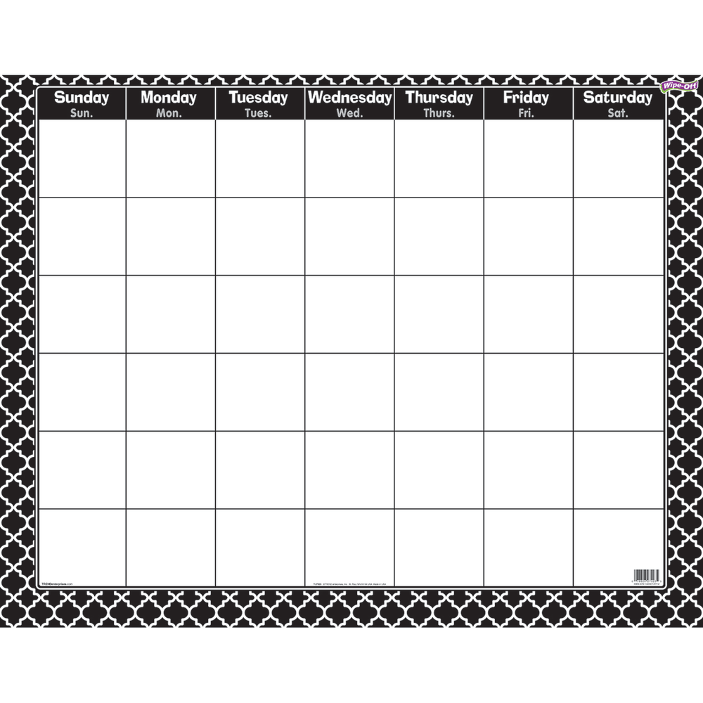 Trend Moroccan Wipe-Off Monthly Calendars, 22in x 28in, Black, Pack Of 6 Calendars