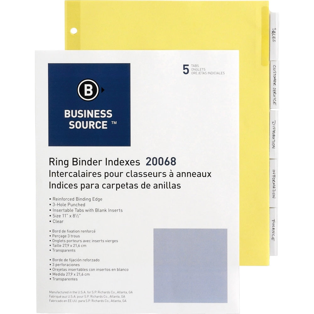 Business Source Buff Stock Ring Binder Indexes - 5 x Divider(s) - Blank Tab(s) - 5 Tab(s)/Set2in Tab Width - 8.5in Divider Width x 11in Divider Length - Letter - 3 Hole Punched - Buff Buff Paper Divider - Clear Tab(s) - 250 / Box