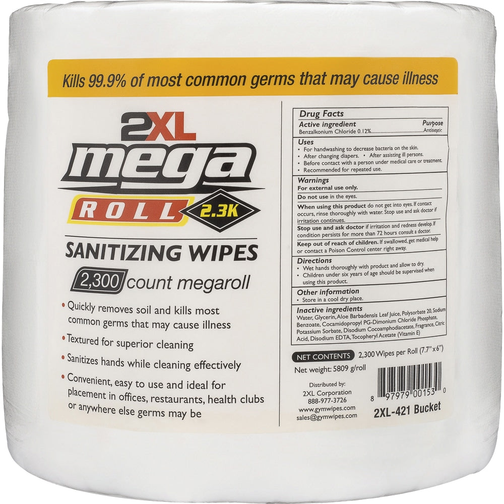 2XL Mega Roll Sanitizing Wipes, 6in x 7-3/4in, Unscented, White, Roll Of 2,300 Wipes