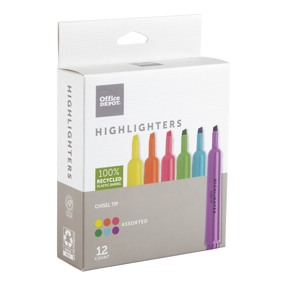 Office Depot Brand Chisel-Tip Highlighters, 100% Recycled Plastic Barrel, Assorted Fluorescent Colors, Pack Of 12