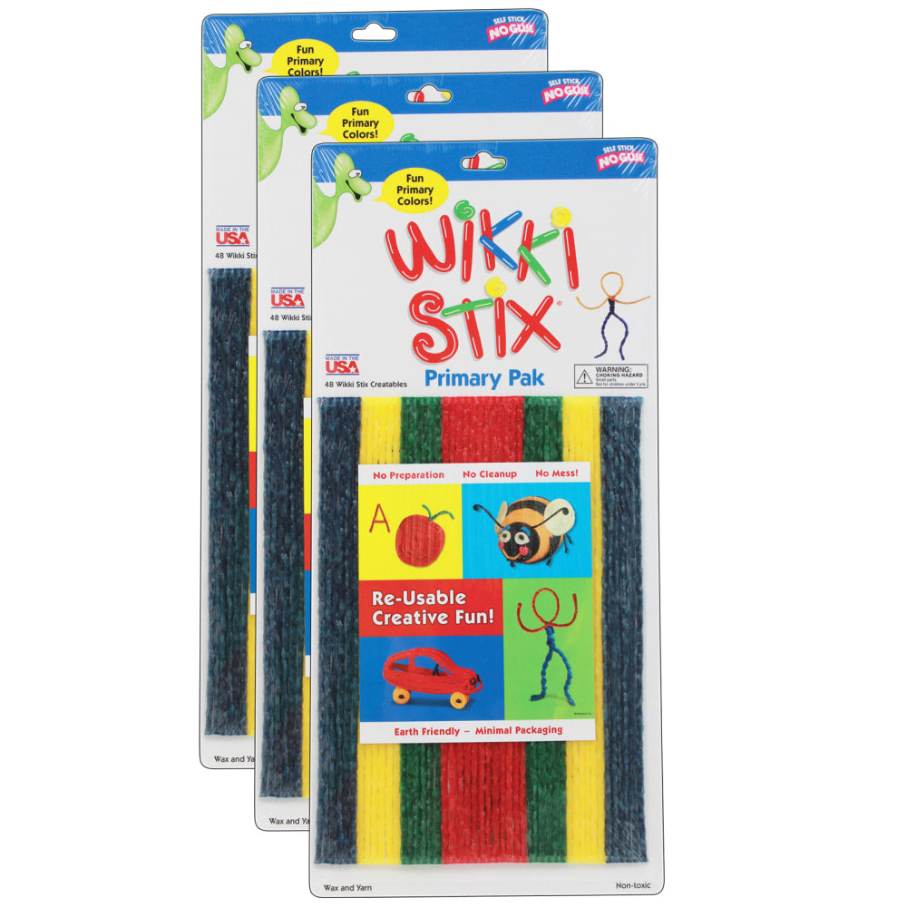 Wikki Stix Original Wikki Stix, Primary Colors, 8in, 48 Wikki Stix Per Pack, Set Of 3 Packs