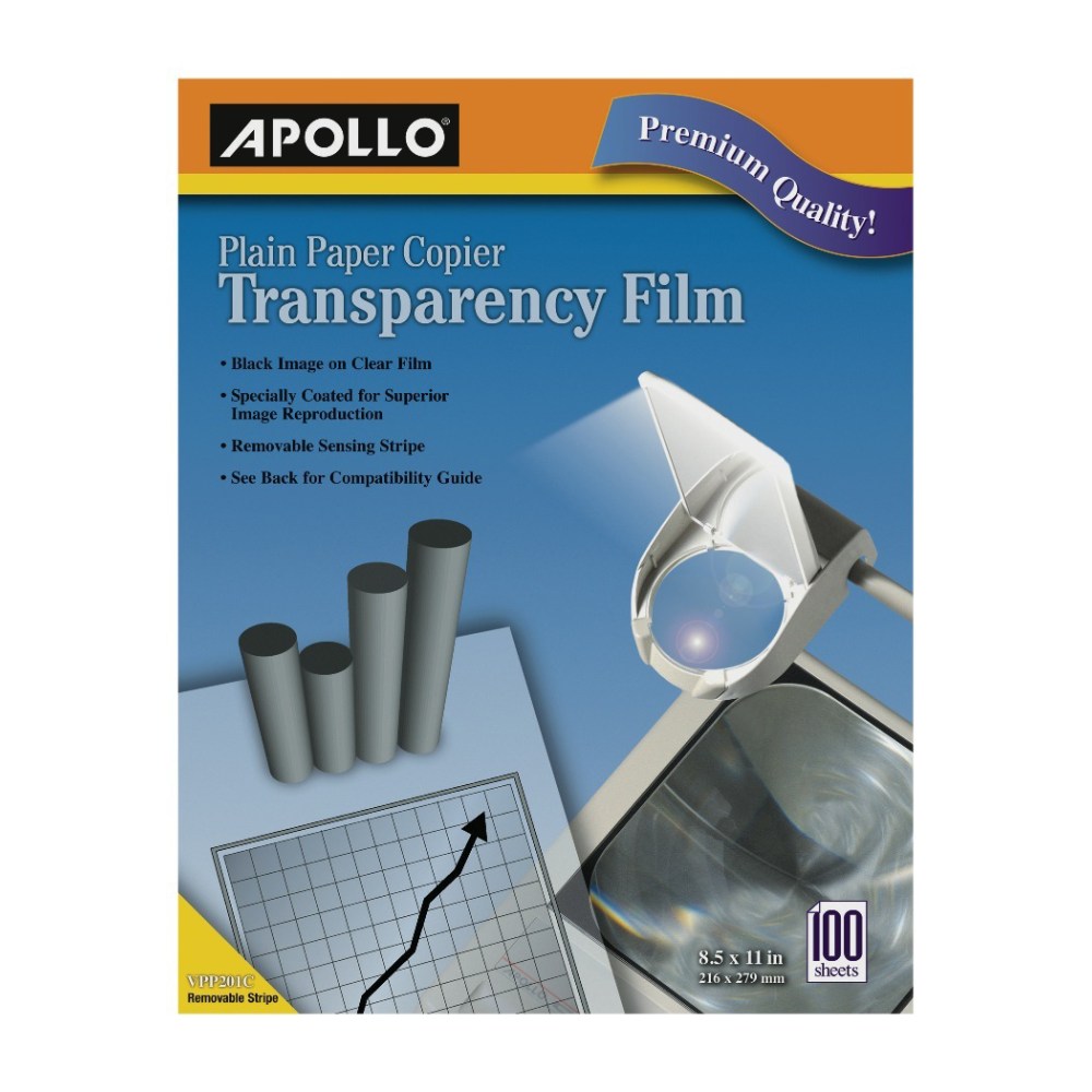 Apollo Plain Paper Copier Transparency Film, Black On Clear With Strip, Box Of 100 Sheets