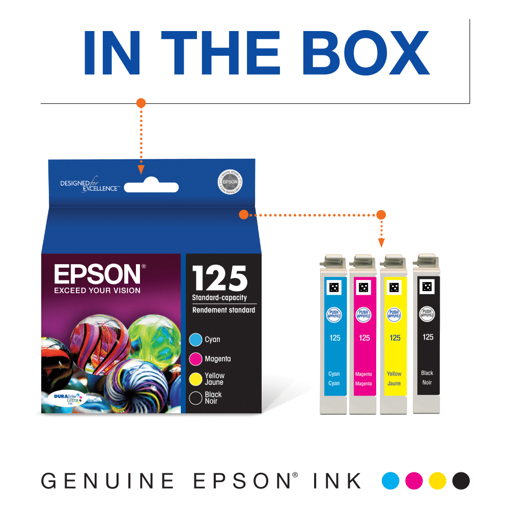 Epson 125 DuraBrite Ultra Black And Cyan, Magenta, Yellow Ink Cartridges, Pack Of 4, T125120-BCS