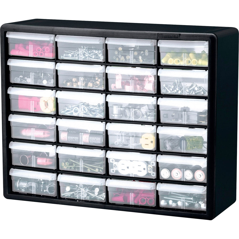 Akro-Mils Plastic 24-Drawer Storage Cabinet, 15 12/16in x 20in x 6 6/16in, Black/Clear