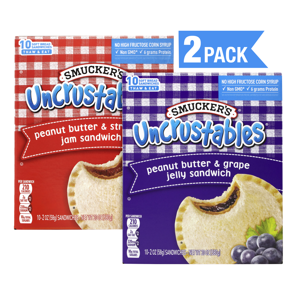 Smuckers Uncrustables Variety Pack, 2 Oz, 10 Sandwiches Per Box, Pack Of 2 Boxes