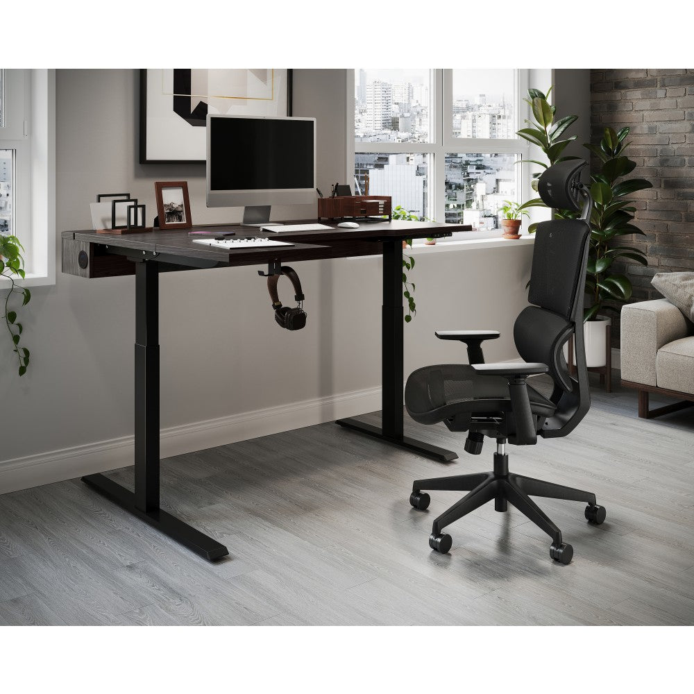 Realspace Koru Electric 59inW L-Shaped Height-Adjustable Standing Desk with Integrated Power & Charging, Espresso Oak