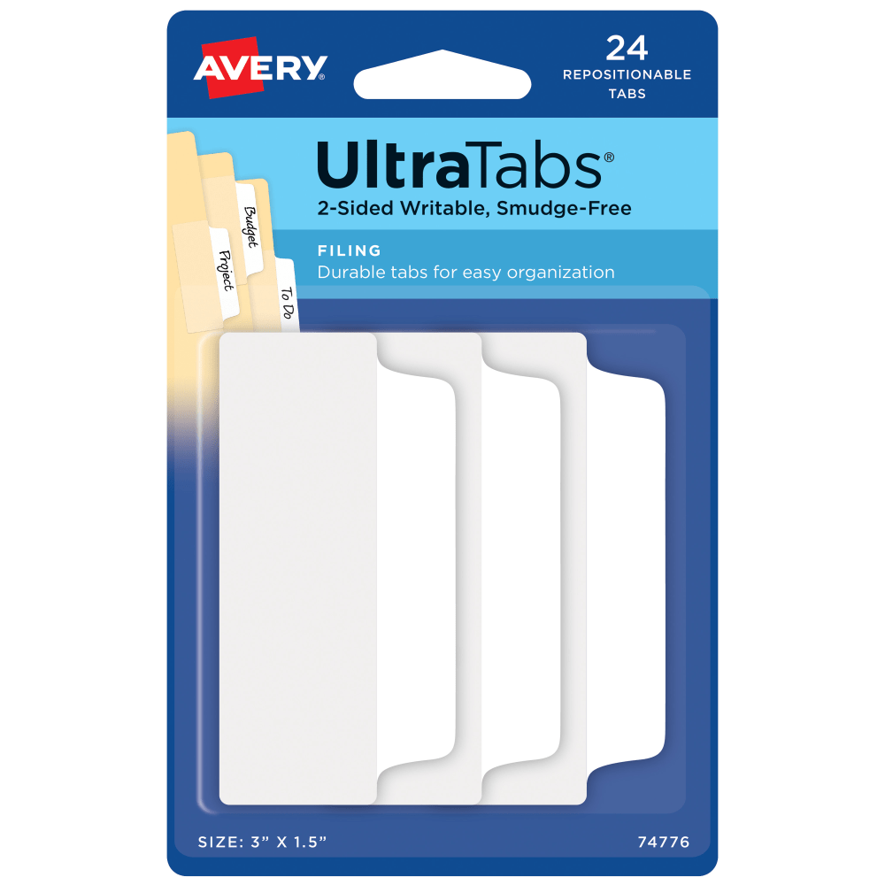 Avery Filing Ultra Tabs, 3in x 1.5in, 24 Repositionable File Tabs, 2-Side Writable, White