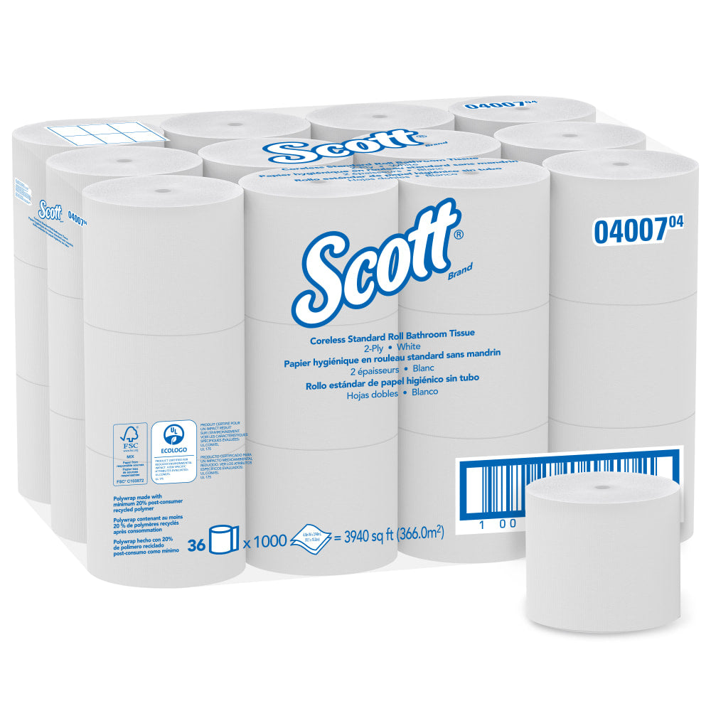 Scott Essential Coreless 2-Ply Toilet Paper, 65% Recycled, 1000 Sheets Per Roll, Pack Of 36 Rolls