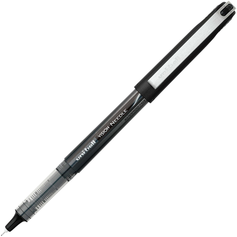 uni-ball Vision Needle Liquid Ink Rollerball Pens, Micro Point, 0.5 mm, Black Barrel, Black Ink, Pack Of 12