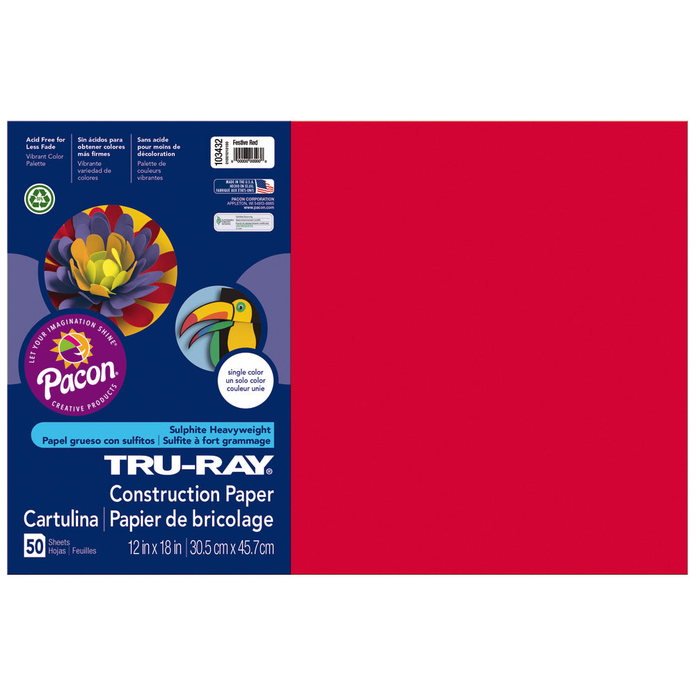 Tru-Ray Construction Paper, 50% Recycled, 12in x 18in, Festive Red, Pack Of 50