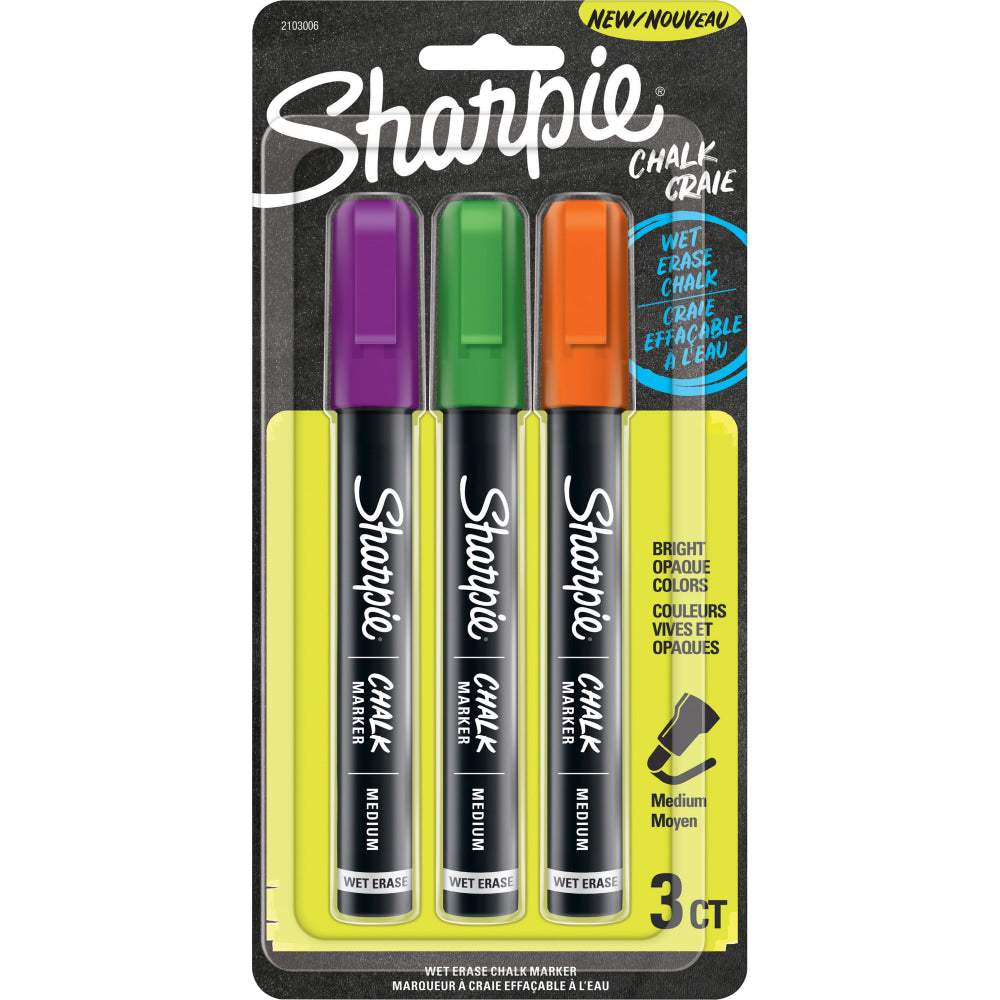 Sharpie Wet-Erase Chalk Markers, Medium Point, Opaque Barrel, Assorted Ink Colors, Pack Of 3 Markers